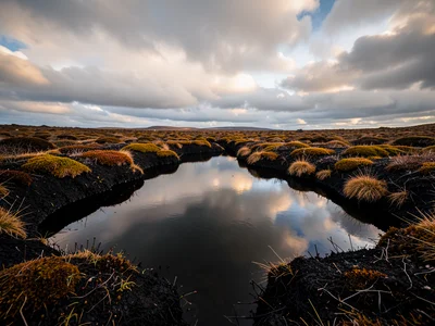 Bog pool horizon — thin strip of dark water between black peat ground and cloud-