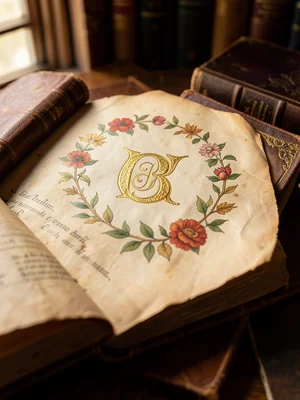 An open illuminated manuscript page: gold leaf initial letter, hand-painted bord