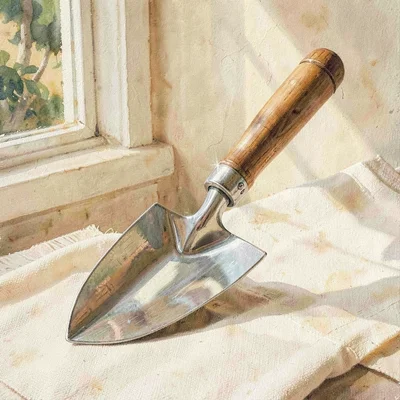 Warm product hero of a finished bespoke garden spade on cream linen, butter wind