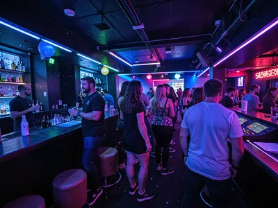 Nightclub interior with gel lighting