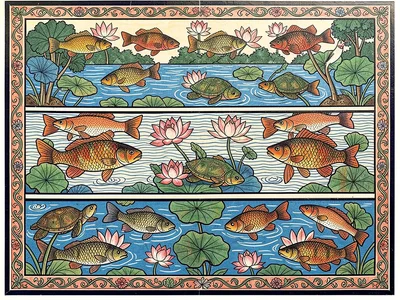 River scene — fish, turtles, lotuses, and water birds in layered horizontal regi
