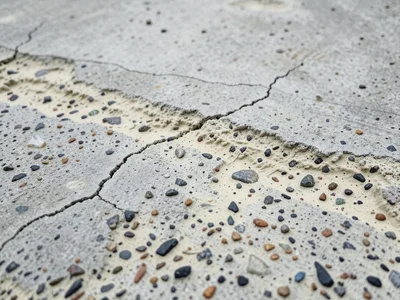 Acid-etched concrete surface, chemical treatment revealing pale creamy texture b