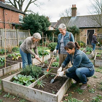Documentary photography, unposed moment, Community garden with raised beds, neig