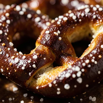 A fresh pretzel surface: the dark mahogany crust, coarse salt crystals catching 