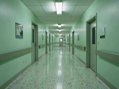 Hospital corridor with mint green walls and terrazzo floor, endless perspective
