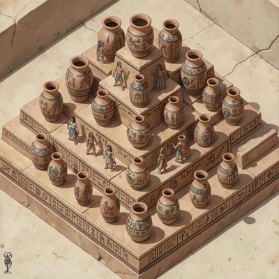 Collection of painted clay vessels arranged in stepped pyramid composition, aeri