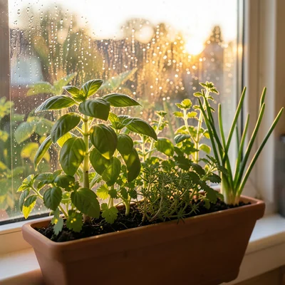 A window box of mixed herbs — basil, parsley, thyme, chives — backlit through ki