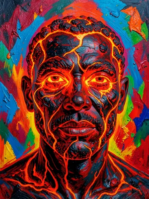 Portrait made of lava, molten rock face, cooling crust forming features, glow