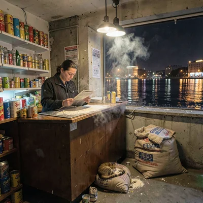 Belgrade brutalist night and Danube reflections, Small grocery shop interior wit