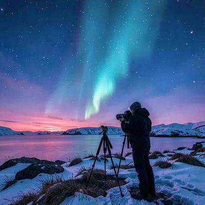 Polar liminal light, extended blue hours, A photographer setting up tripod as au