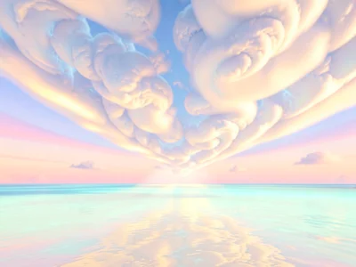Empty tropical-aqua beach plane stretching toward a vast billowing pastel sky wi