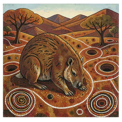 Indigenous Australian dot painting illustration, a wombat digging burrows in dot
