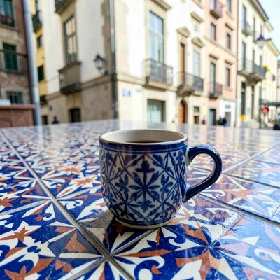 Azulejo tile geometry, Portuguese ceramic culture, A ceramic coffee cup on a til
