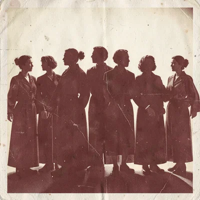 Three-color screenprint poster of a row of choristers in robes silhouetted, deep