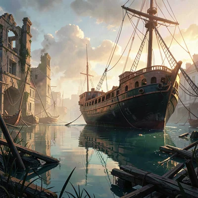 Tide-flooded ruin port at dawn, single beam across half-sunken galley, warm copp
