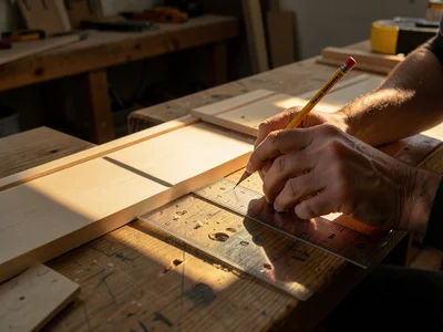 Carpenter marking a board with a pencil and try square, workshop bench backgroun