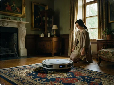 Robot vacuum cleaning rendered in Dutch Golden Age interior painting style