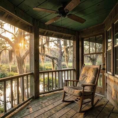 Atmospheric photograph with Louisiana bayou sensibility, Screened porch of a rai