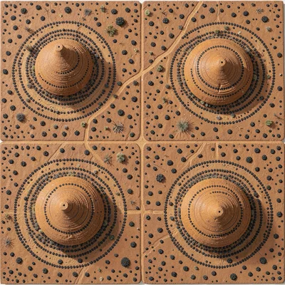 Conical anthills spaced across flat plain from above, track lines between them