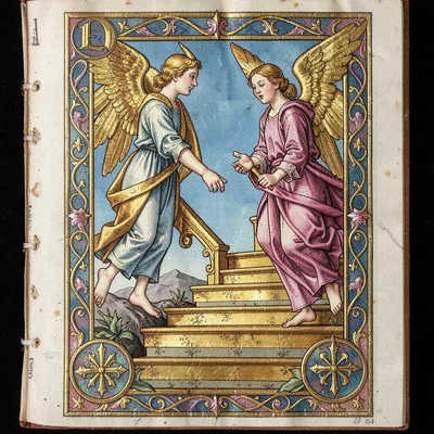 Angels ascending a golden staircase