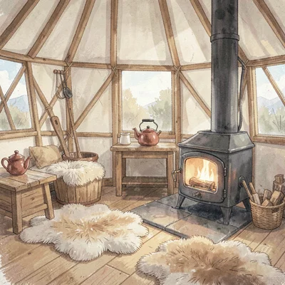 Warm interior of a yurt with a wood stove glowing, sheepskin rugs, and a kettle