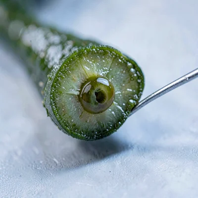 Macro of a bean clipped to show the centre cut, glossy oils catching cool studio