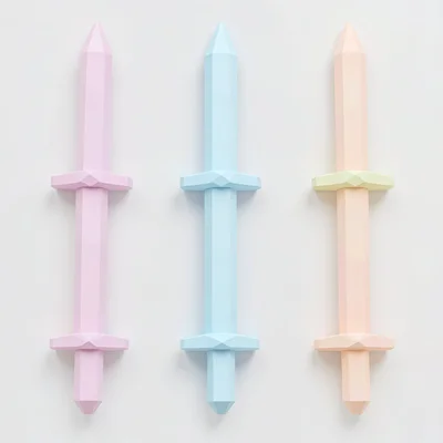 Set of six pastel-faceted swords arranged in a flat-lay grid on white, varied hi