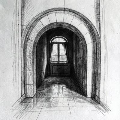 Charcoal of a curved arch leading to a back room, deep shadow swallowing the doo