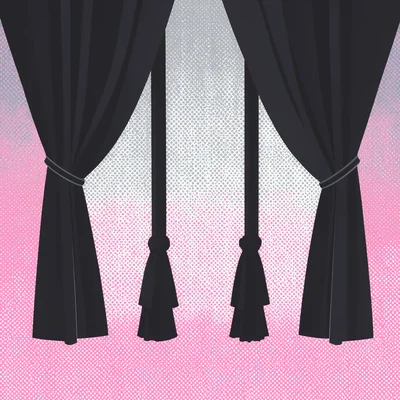graphic bold pair of lifted theatre-curtain ropes with knotted ends silhouetted
