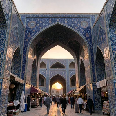 Samarkand blue majolica against Central Asian terracotta, sunset through arcade 