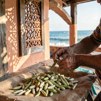 Coastal architecture photograph with Swahili influences, Hands sorting cardamom 
