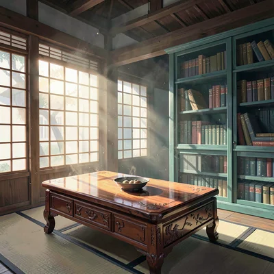 Lacquered scholar's pavilion with morning sun shaft through paper screens, warm 