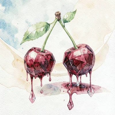 Pair of ruby-red lowpoly cherries with faceted spheres and crystalline stems dro