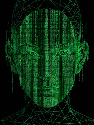 Face formed from binary code streams (Matrix-style), green on black
