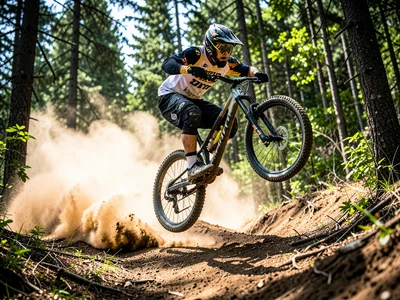 Mountain biker mid-air off a jump, forest trail, dust cloud behind