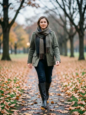 Person walking through autumn leaves, scarf and boots, overcast day, park