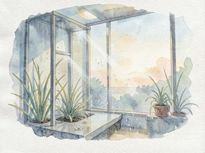 Quiet washy interior of an air plant misting station at end of day, fine droplet