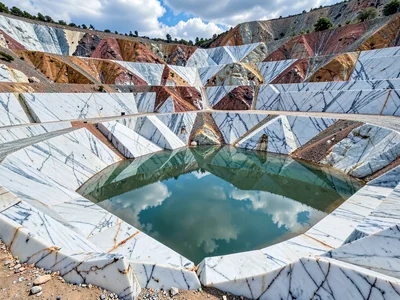 Water pool reflecting sky in quarry floor depression