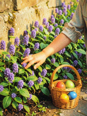 A child's hand reaching into a patch of violets growing along a garden wall, a s