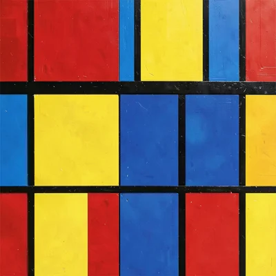 Close-up of a painted window grid — red, yellow, blue panes and black mullions