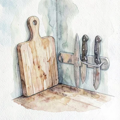 Watercolor of a corner with a butcher block, knives in a magnetic strip
