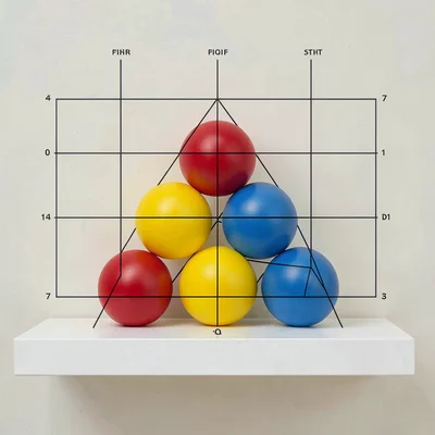 Primary-colored balls — red, yellow, blue — arranged in triangle on white shelf