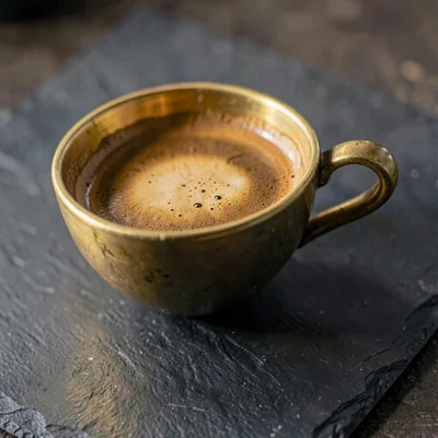 Brass cup of espresso on a slate slab, single ripple in the crema, low side ligh