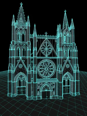 A cathedral facade in wireframe with pointed arches, rose window, and flying but