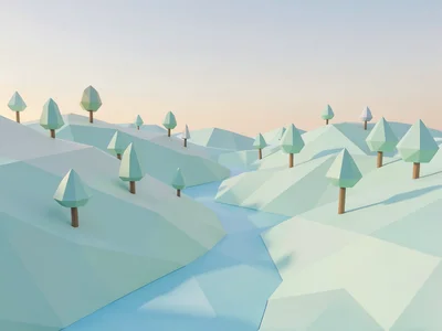 Soft mint-toned dawn landscape of rolling faceted hills dotted with single-color