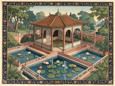 Garden pavilion surrounded by a network of water channels, lotus blooms on the s
