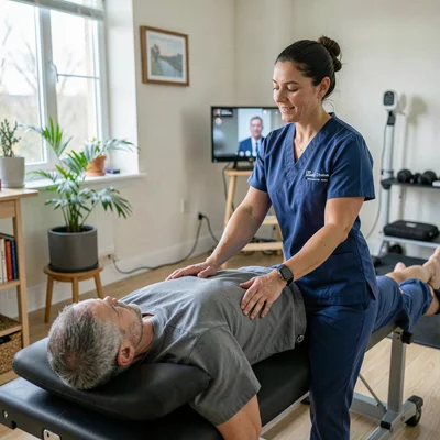 Documentary photography, unposed moment, Physical therapist guiding patient thro