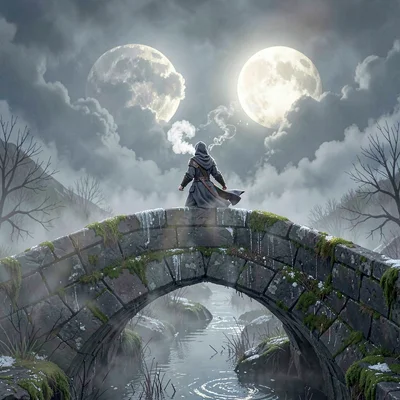 Storyboard frame of a hooded figure cresting a moss-slick stone bridge as twin m
