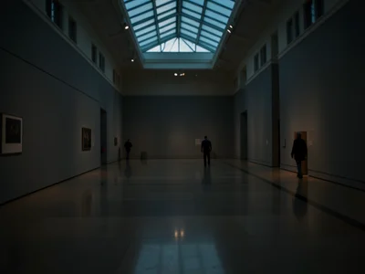 A gallery at closing time: lights dimming, the last visitors leaving, a guard be