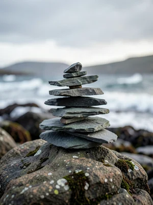 Stack of thin slate pieces balanced impossibly on a rocky Aran Islands shoreline